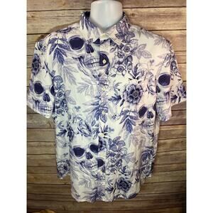Mens Skull and Floral Print Short Sleeve Button Up Collared Hawaiian Shirt 23x29
